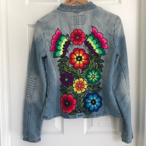 Anthropologie Jackets & Blazers - Custom embroidered denim moto jacket